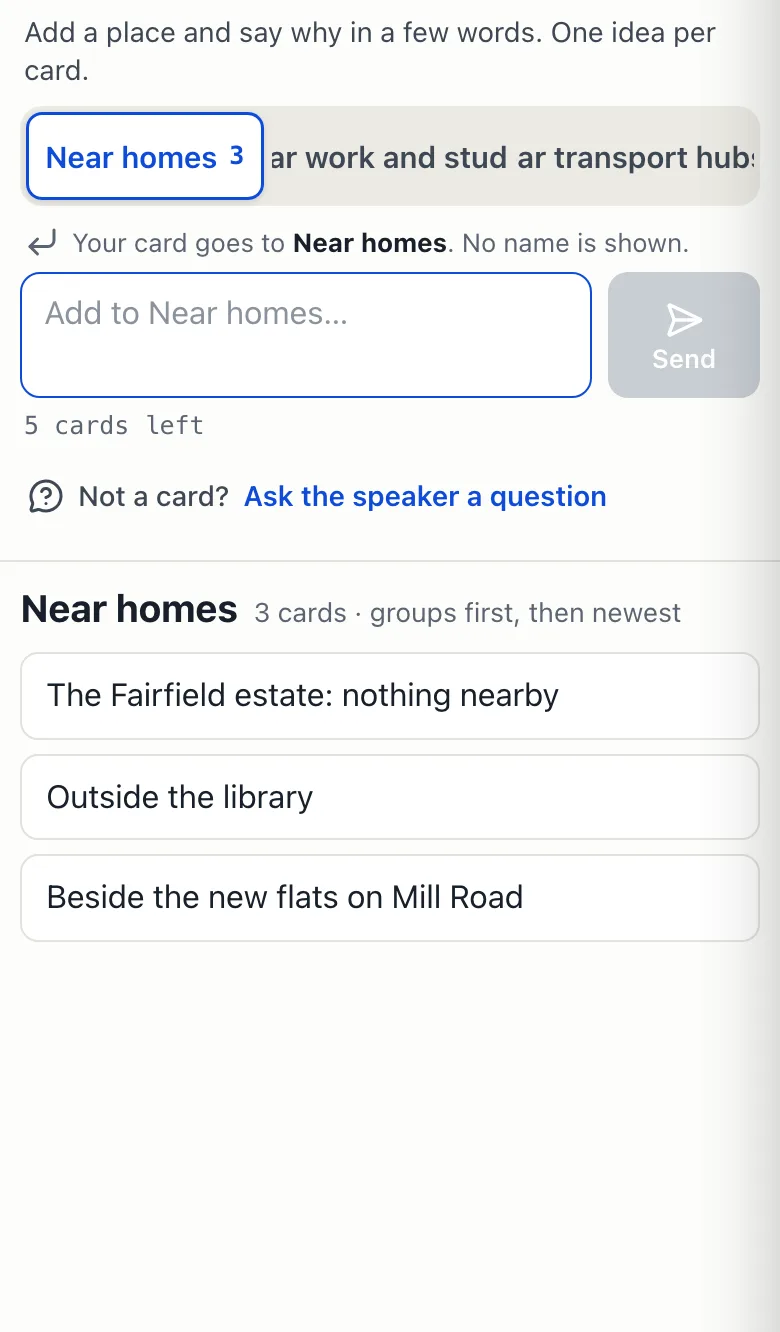 The board on a phone: a box to add a card to the Near homes column with 5 cards left, a link to ask the speaker a question, and the three cards already in that column.