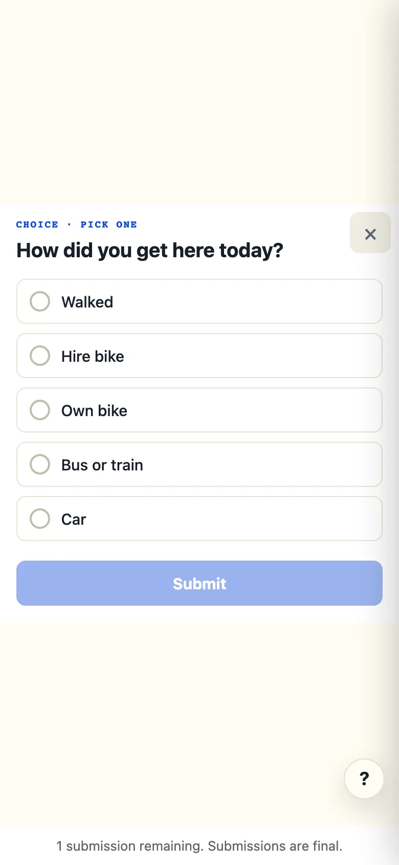 A poll open on the handout page on a phone: How did you get here today? with five answers, Walked, Hire bike, Own bike, Bus or train and Car, and a Submit button.