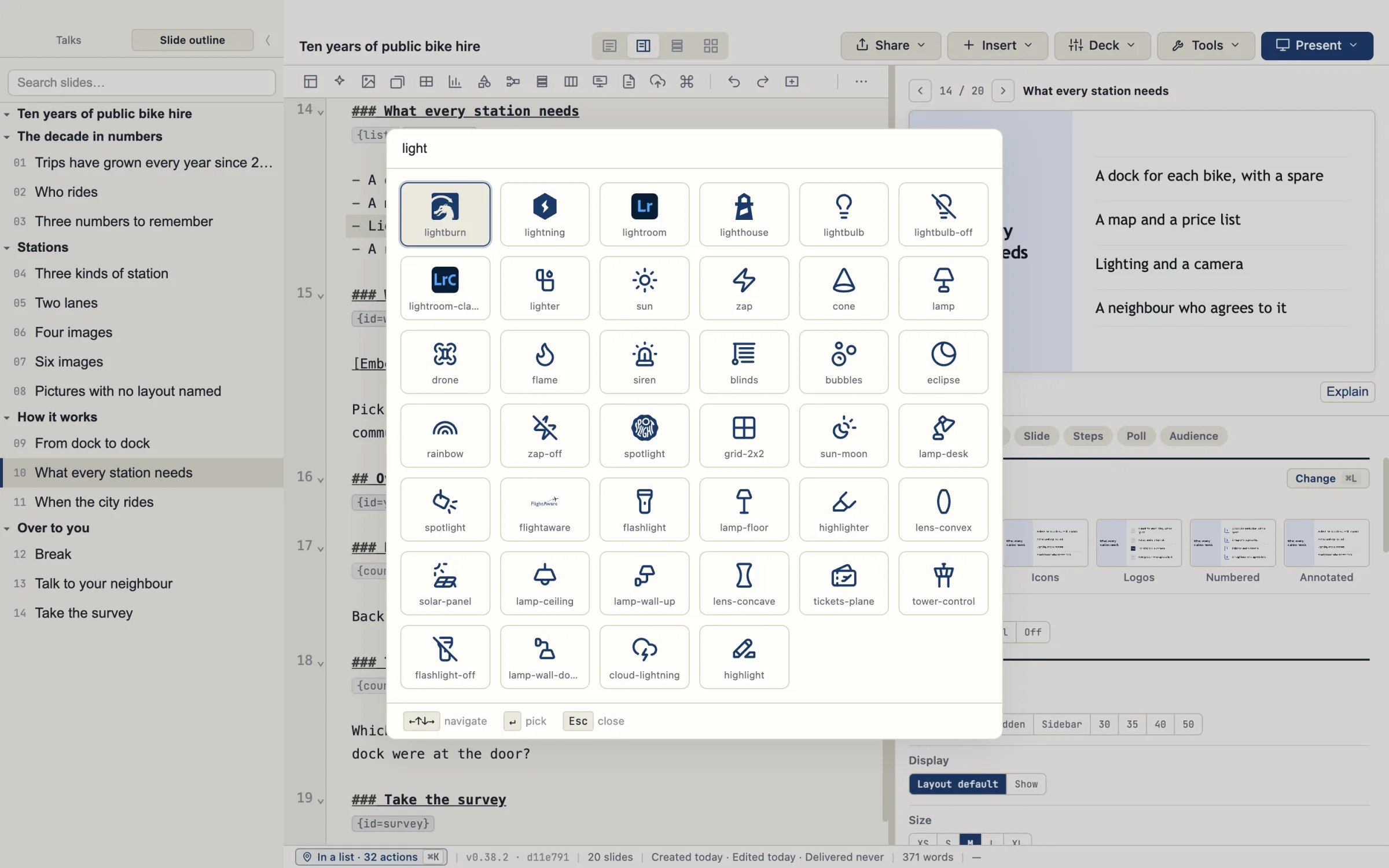The icon picker open on a list item in the sample talk Ten years of public bike hire, with the search term light typed and matching icons shown: a bulb, a lamp, a lighthouse and others.