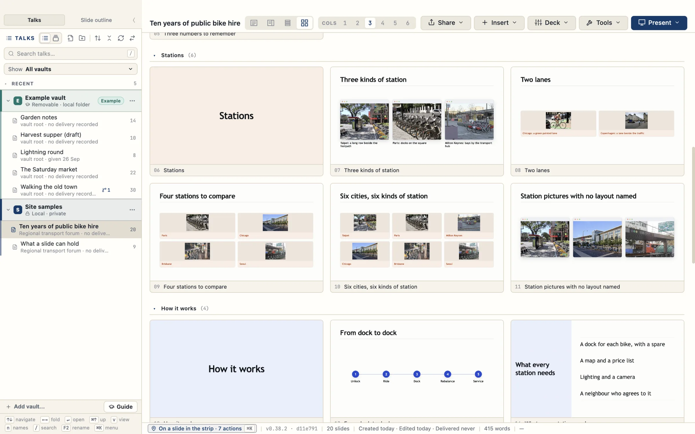The slide grid of the sample talk Ten years of public bike hire at its Stations section: the section title page and five picture slides of bike-hire stations and cycle lanes, laid out as galleries of three, two, four, six and three, each with captions.