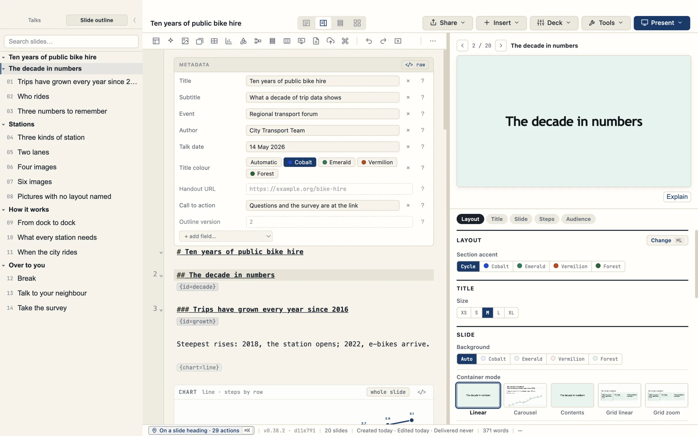 The TalkWeaver editor with the sample talk Ten years of public bike hire, with the caret on the heading of a section: the slide list on the left, the Markdown outline in the middle, and on the right a preview of the section’s title page, which shows only the section name on a tinted background.