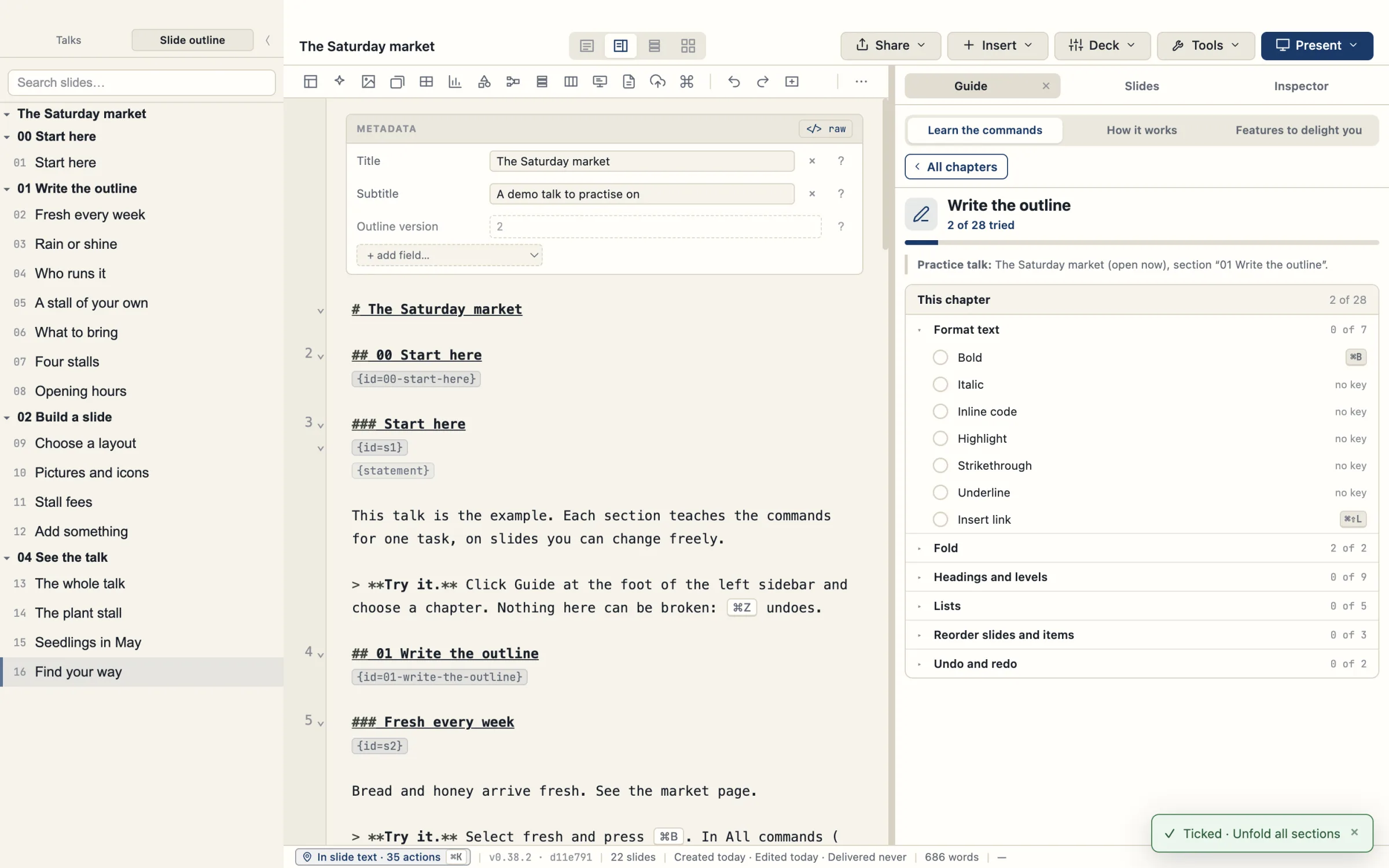 The Write the outline chapter of the Guide open beside the example talk, with its commands in groups; the Fold group reads 2 of 2 after Fold all sections and Unfold all sections were run.