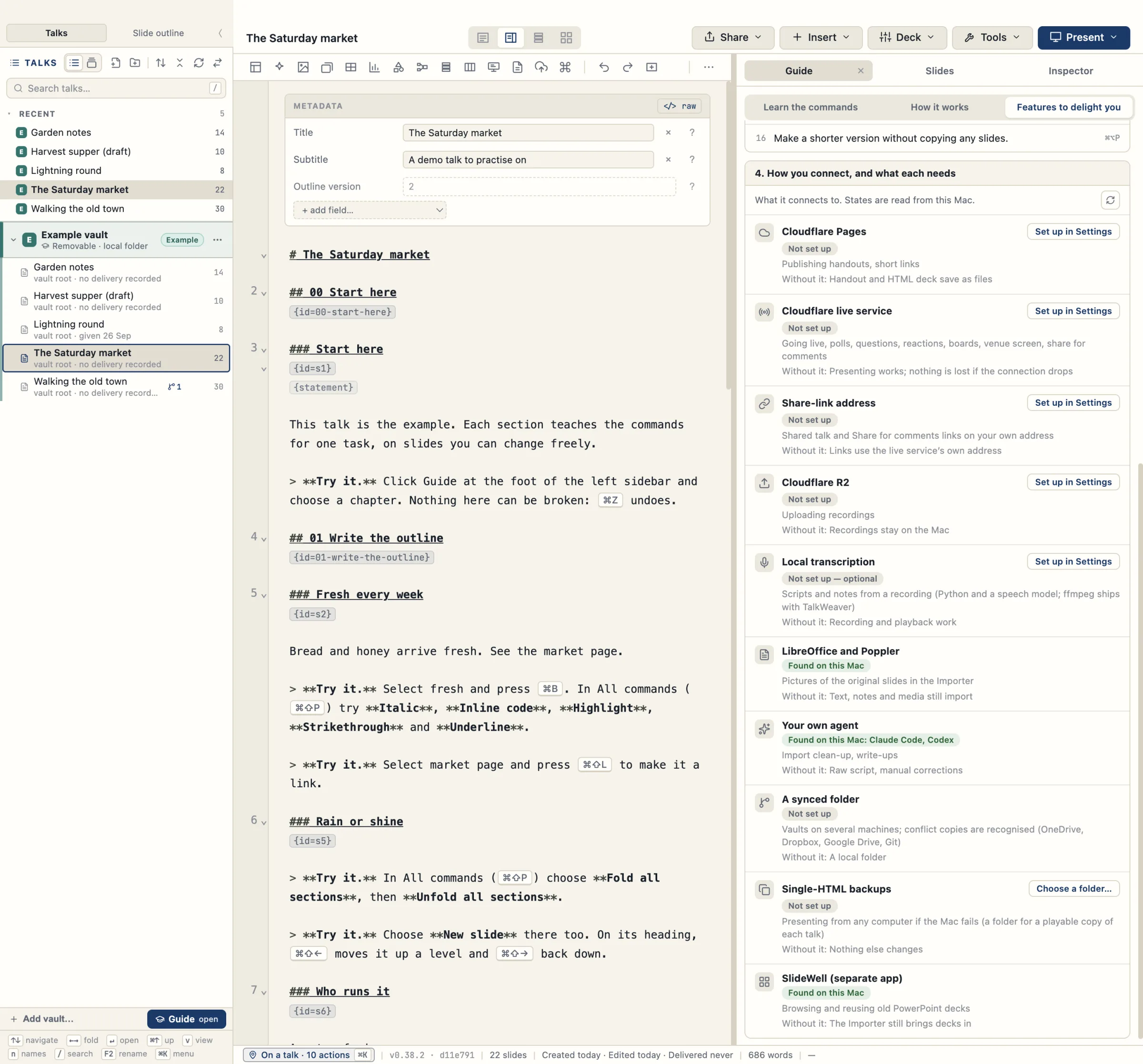 The Guide, Features to delight you, scrolled to how you connect: each connection with a state and what you lose without it. Cloudflare rows read Not set up; LibreOffice and Poppler, your own agent and SlideWell read Found on this Mac. It uses the example talk.