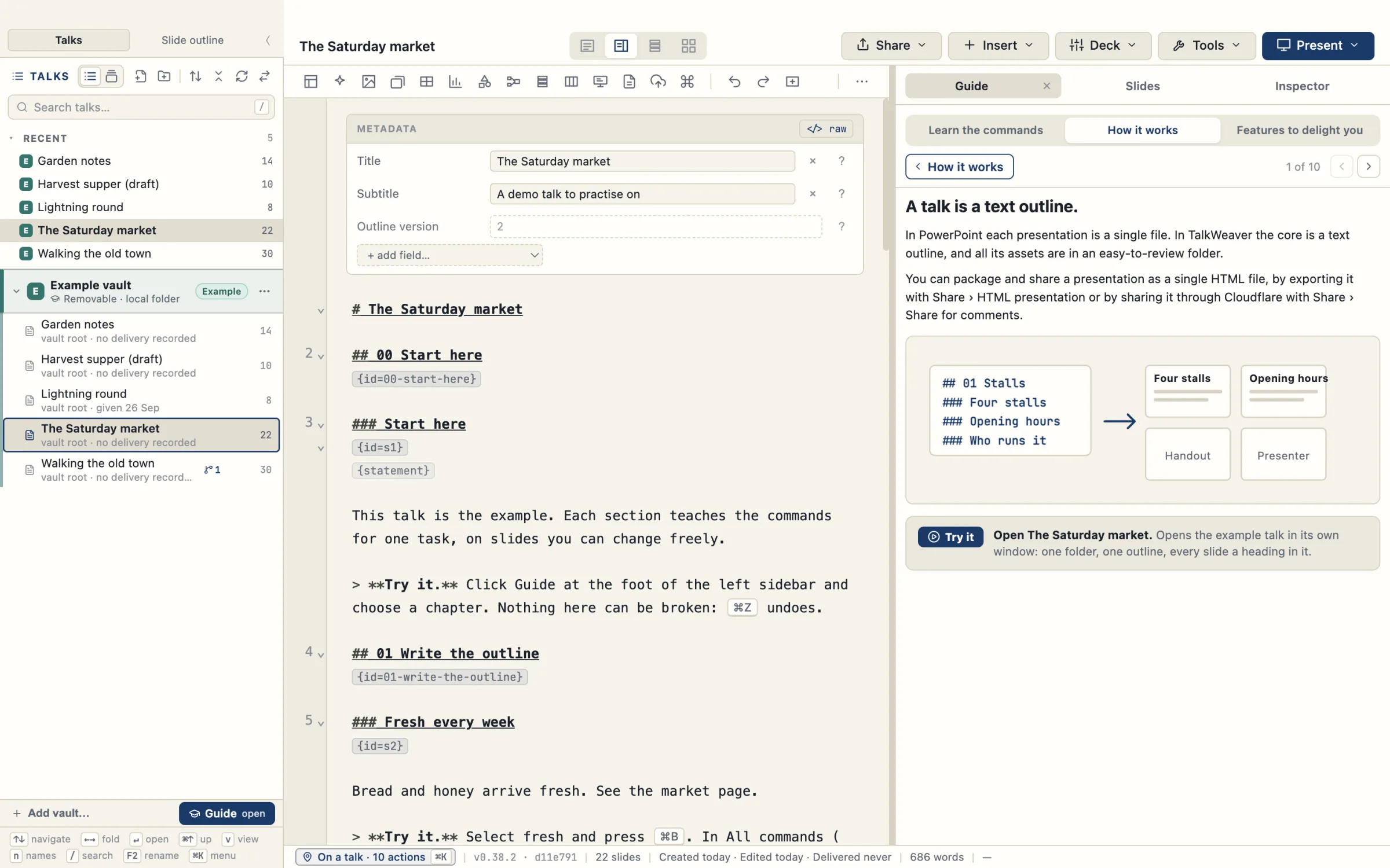 The Guide on How it works with the first topic open: a short text, a picture of a heading list becoming slides, and a Try it button that opens the example talk The Saturday market.