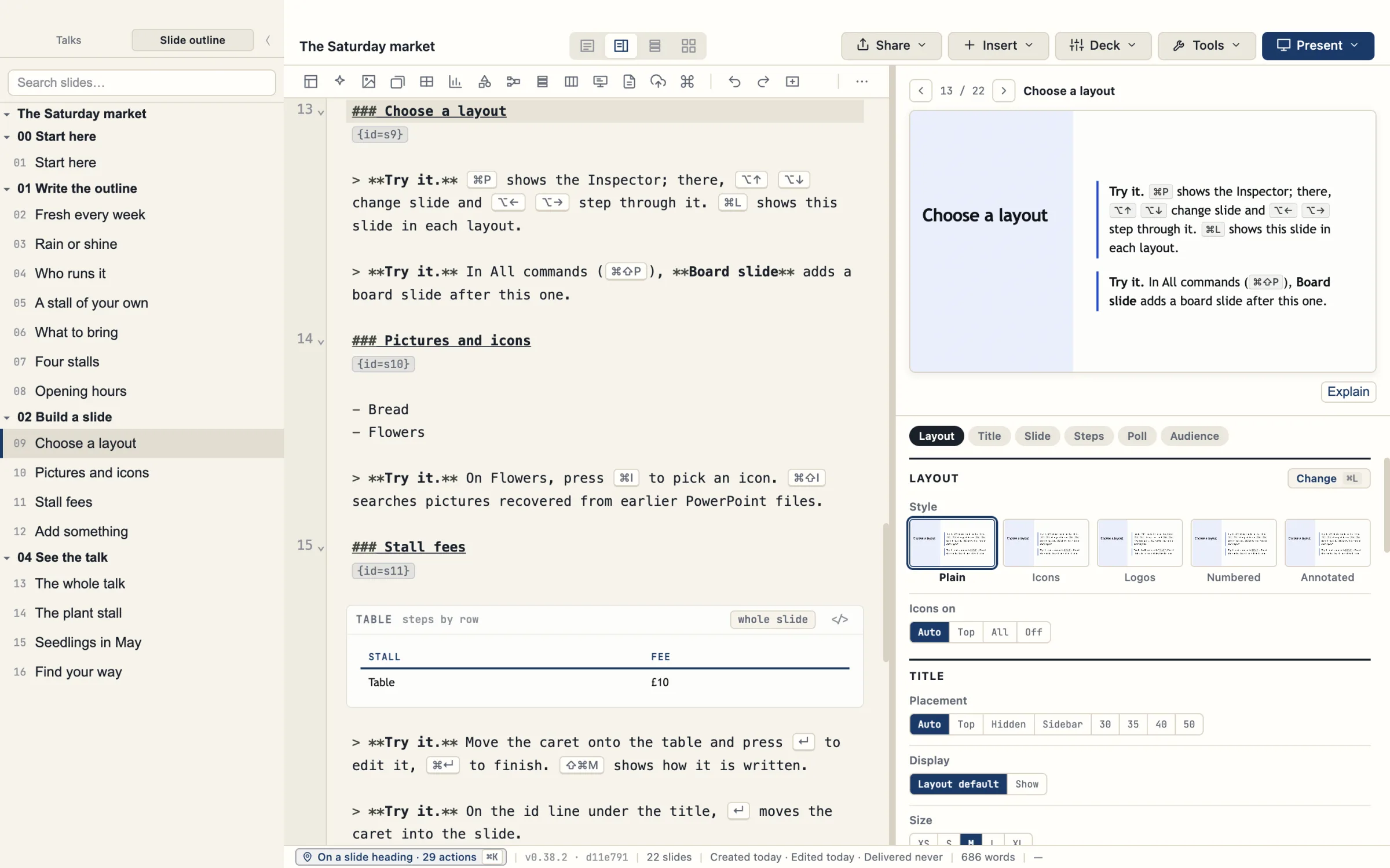 The example talk The Saturday market on the practice slide Choose a layout, with a Try it line in a quotation style and the keys shown as key caps, and its preview on the right.