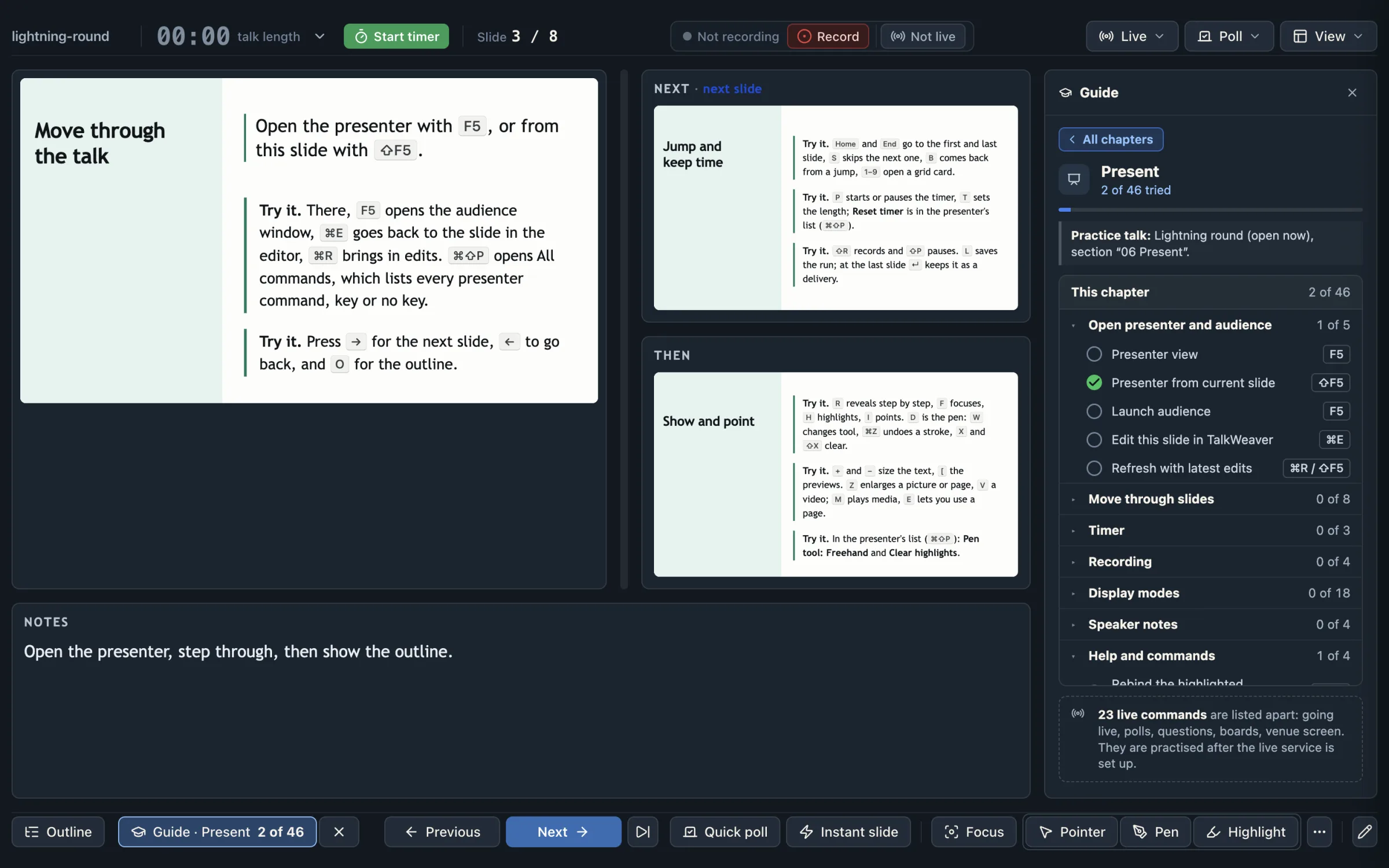 The presenter view of the example talk Lightning round with the Guide column open on the right, showing the Present chapter with one command ticked, beside the Next and Then previews and the notes.