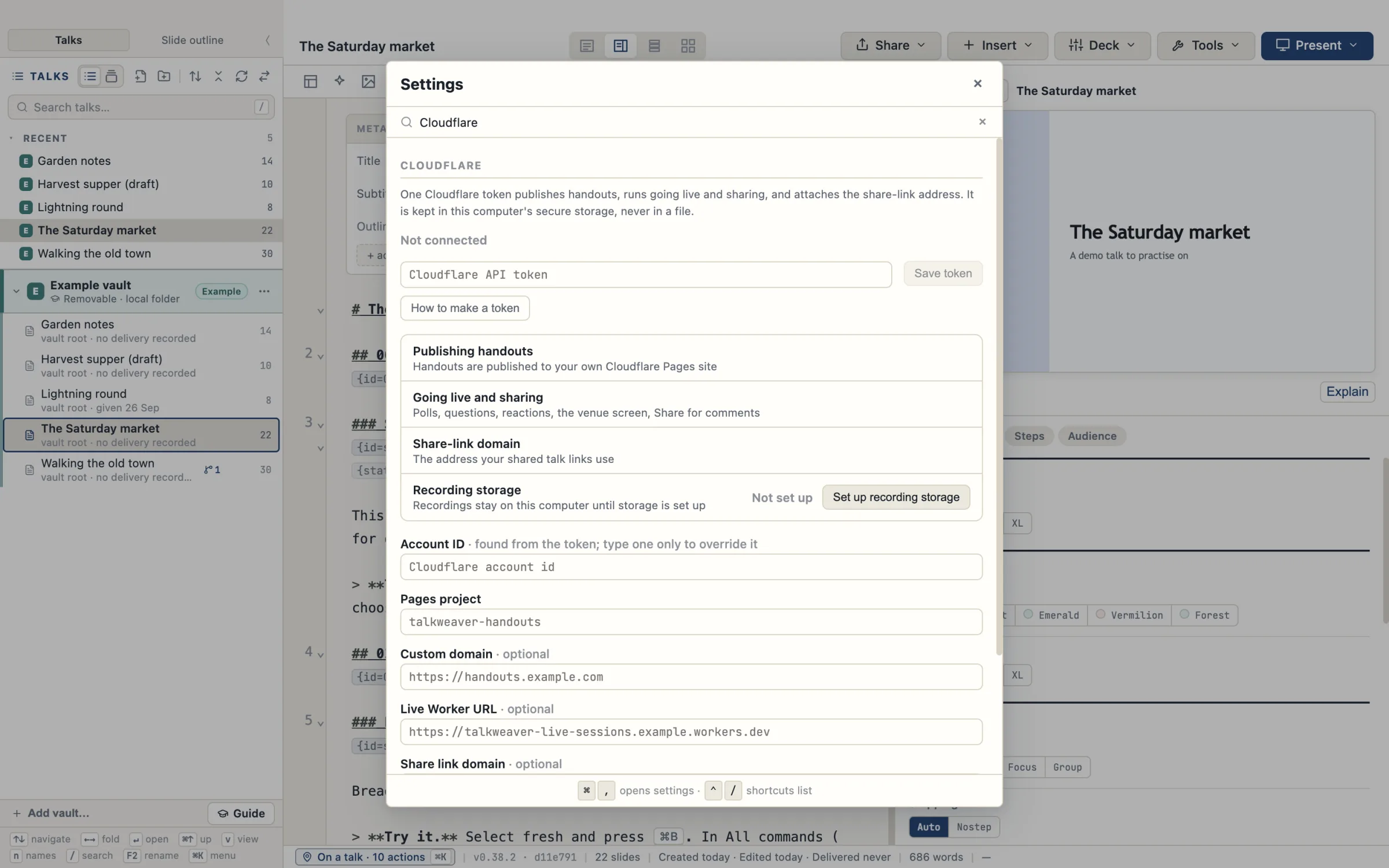 Settings searched for Cloudflare, in its not-set-up state: Not connected, an empty Cloudflare API token field with a Save token button, a How to make a token button, and rows for publishing handouts, going live, the share-link domain and recording storage. It was taken over the example talk.
