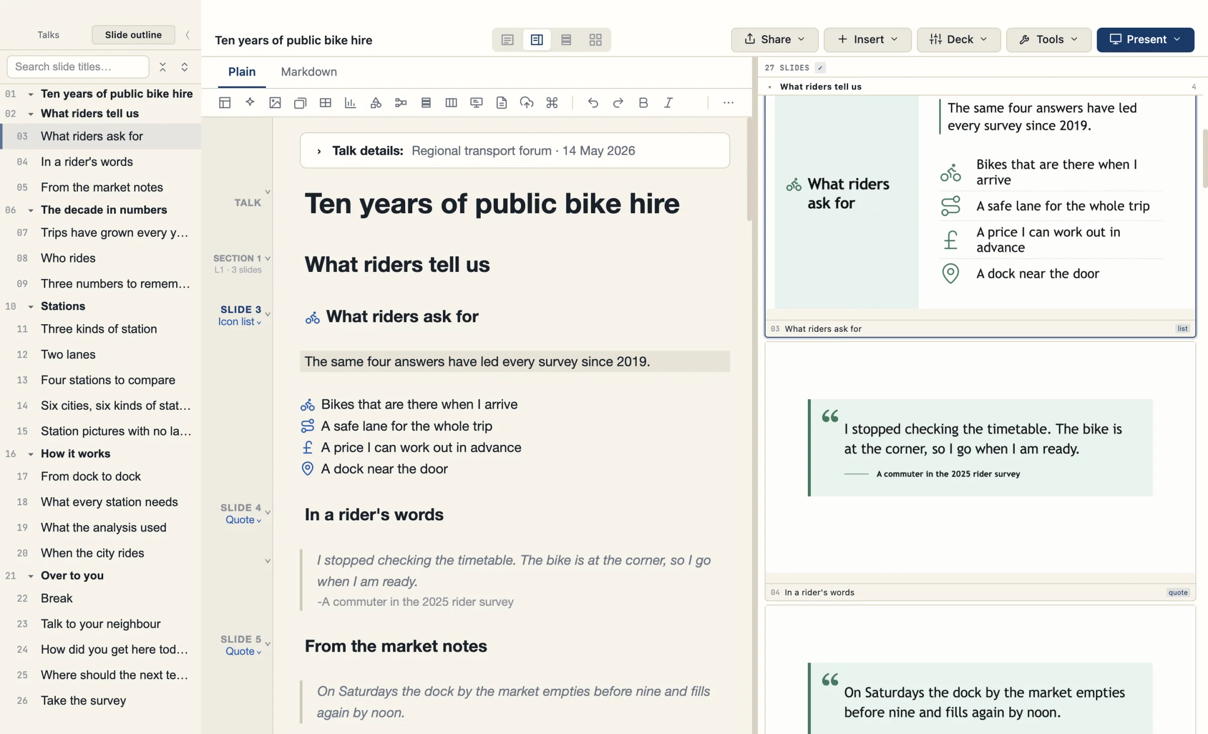 The TalkWeaver window on the Plain tab with the sample talk Ten years of public bike hire: the slide outline in the sidebar, a bike icon on the title What riders ask for, a list of four rows with icons shown as pictures, a quotation, and slide previews on the right. The margin reads Talk, Section 1, Slide 3 Icon list and Slide 4 Quote.