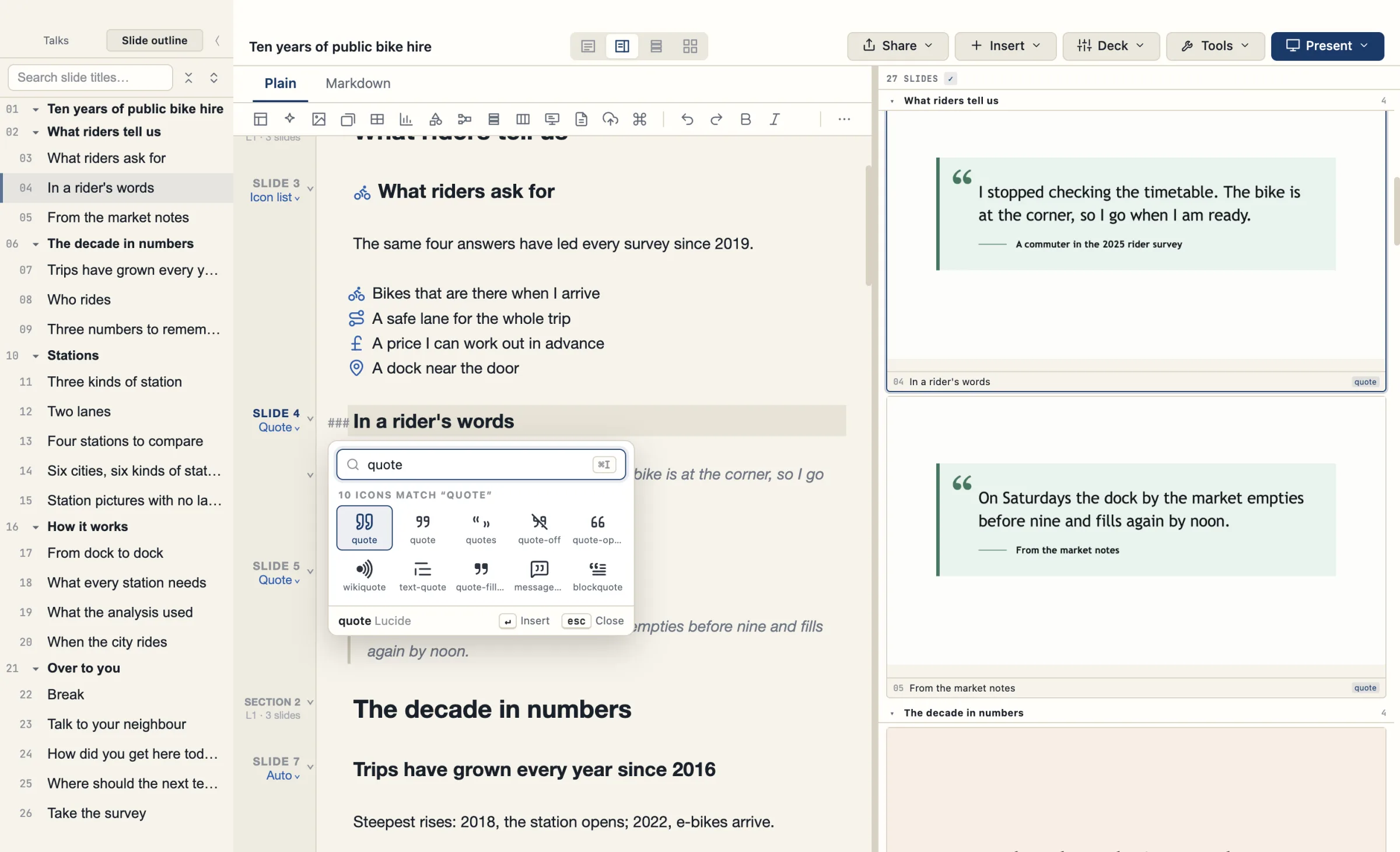 The icon picker opened with ⌘I at the caret on the title of Slide 4, with the search “quote” and 10 matches.