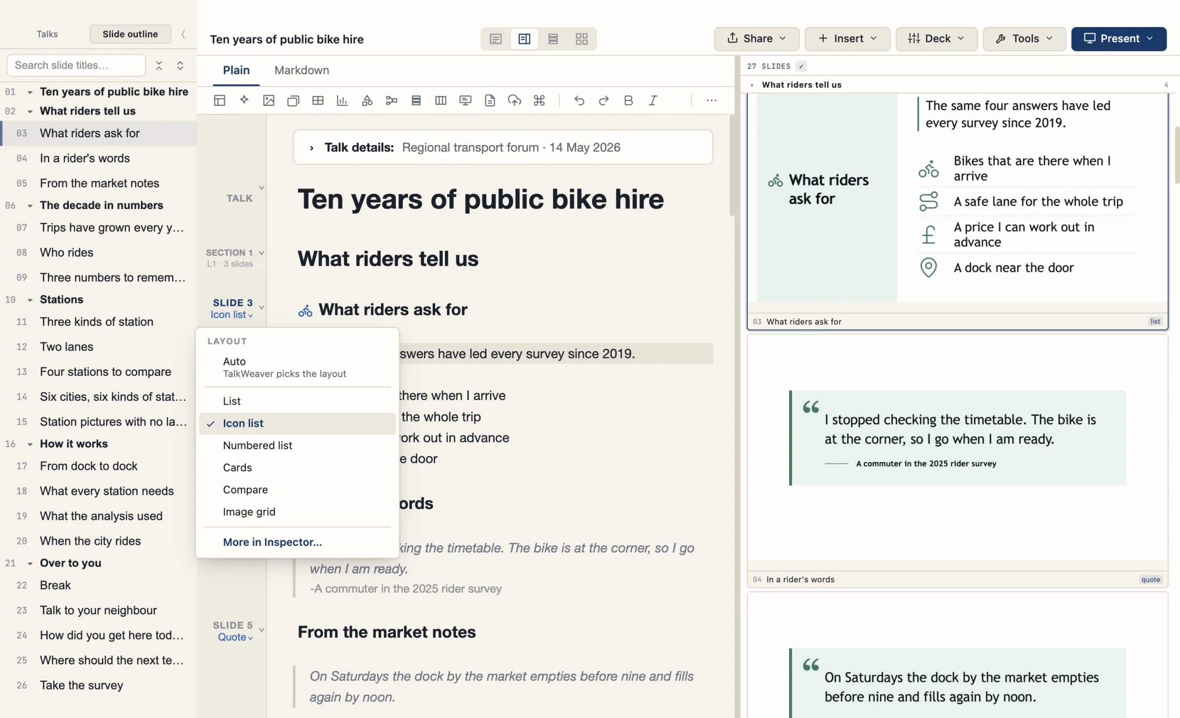The Plain tab with the margin’s Layout menu open on Slide 3, Icon list ticked, and More in Inspector… as the last row.