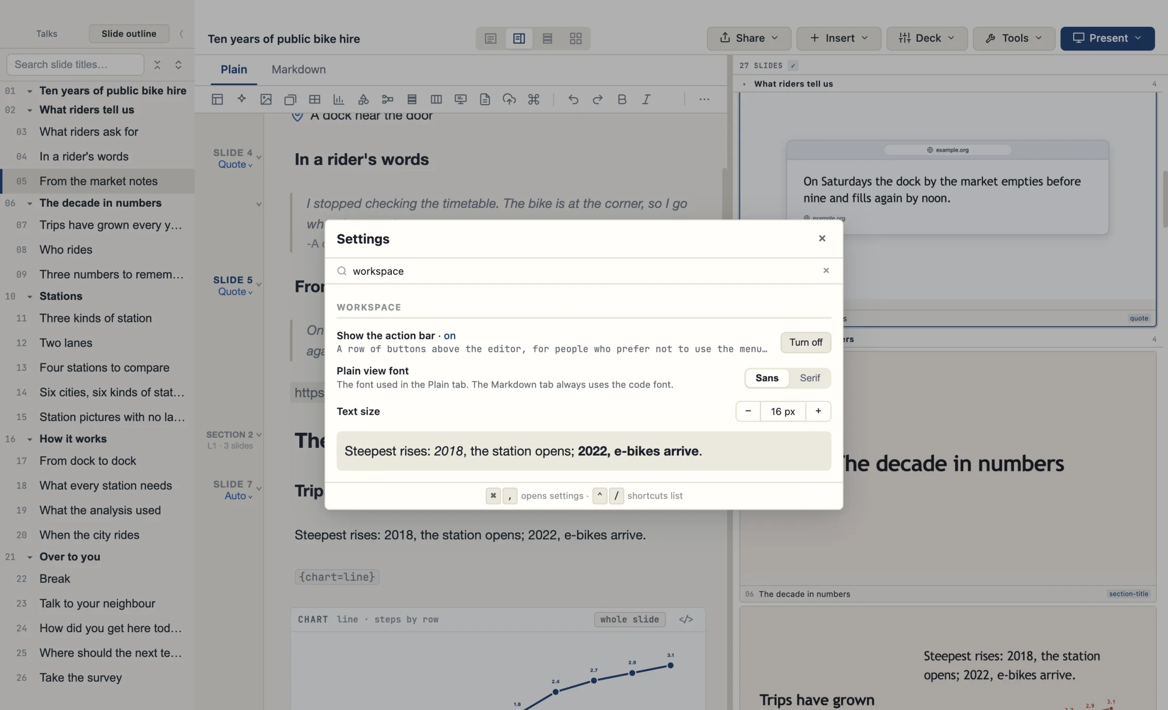 Settings showing Plain view font and Text size, with a sample line.