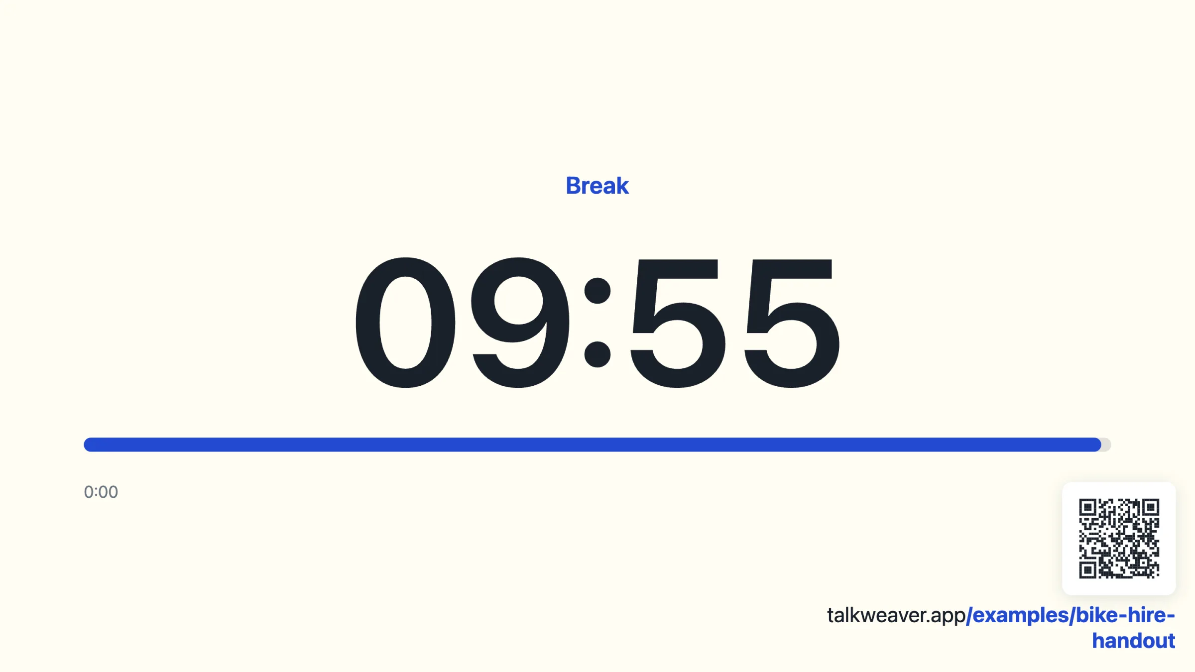 An instant countdown slide labelled Break, showing 09:55 in large digits above a progress bar that runs from 0:00 to 10:00, with the talk’s QR code and address in the bottom-right corner.