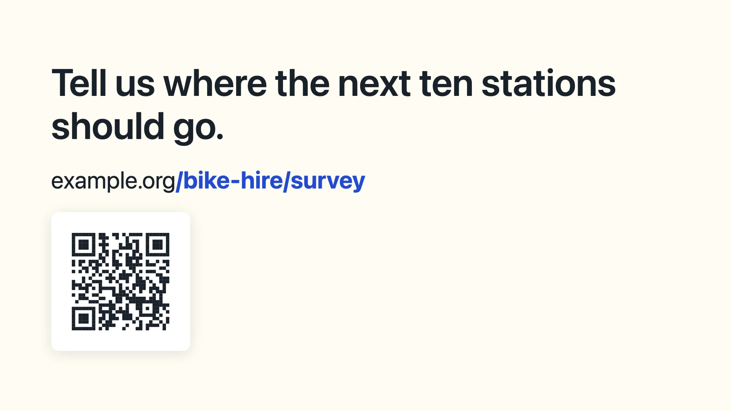 An instant slide on the audience window: the line Tell us where the next ten stations should go, a web address with part of it in blue, and a large QR code under it.