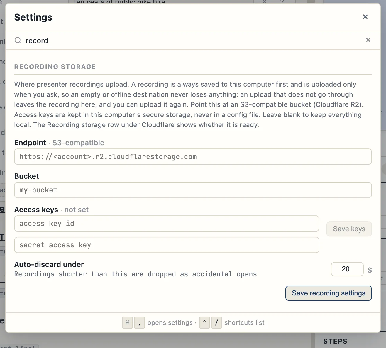 Settings searched for record in TalkWeaver, showing the Recording storage section: an explanation, an Endpoint field, a Bucket field, access key fields with the note not set, an Auto-discard under setting of 20 seconds and a Save recording settings button.