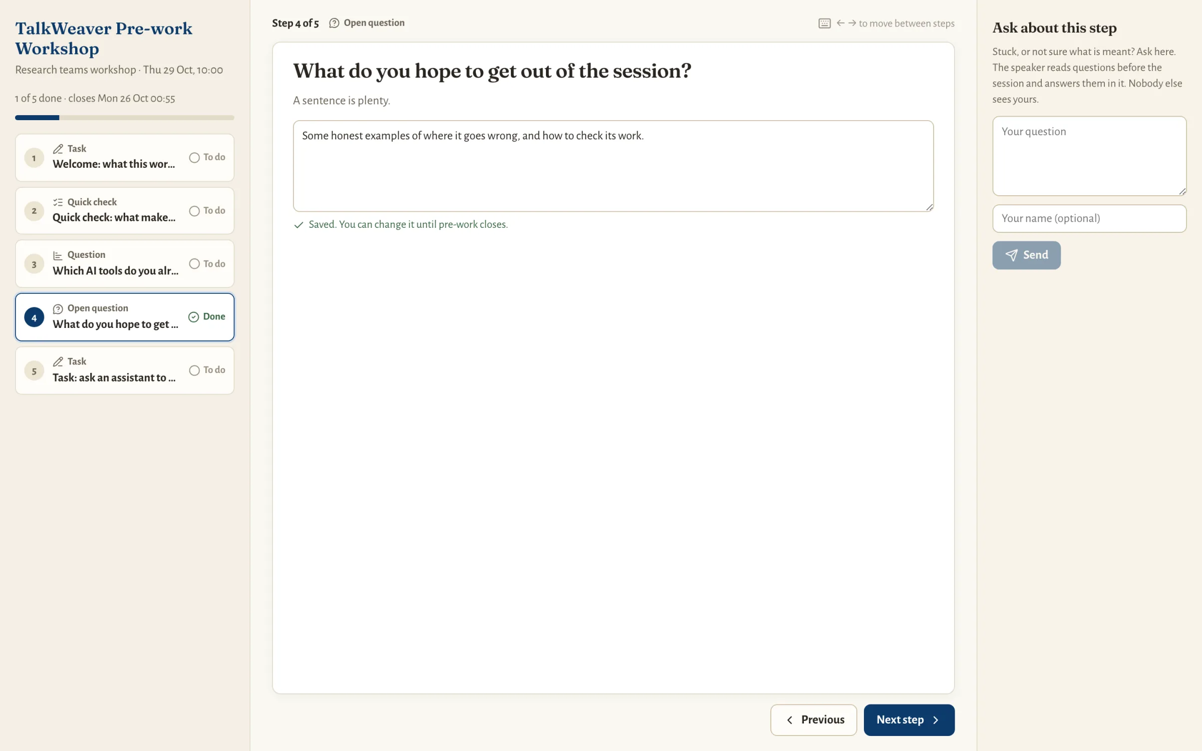 The invented pre-work page at laptop width, opened with Preview page, showing the step rail, an open question with a typed answer, and the Ask about this step column.