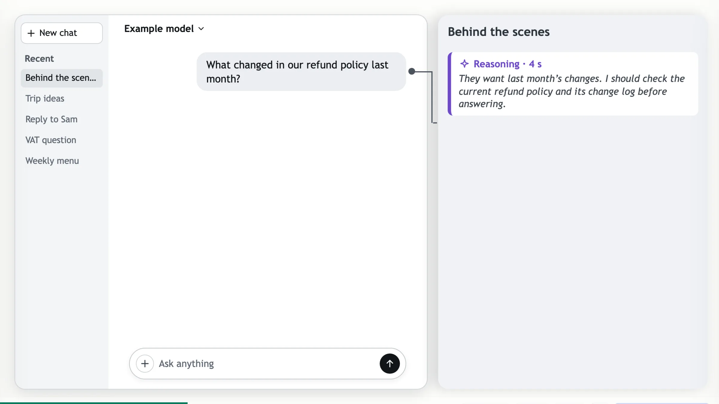 A chat slide with behind-the-scenes lanes from the demo talk AI chat and terminal slides: a chat on the left and, after one step, the first lane, Reasoning, on the right.
