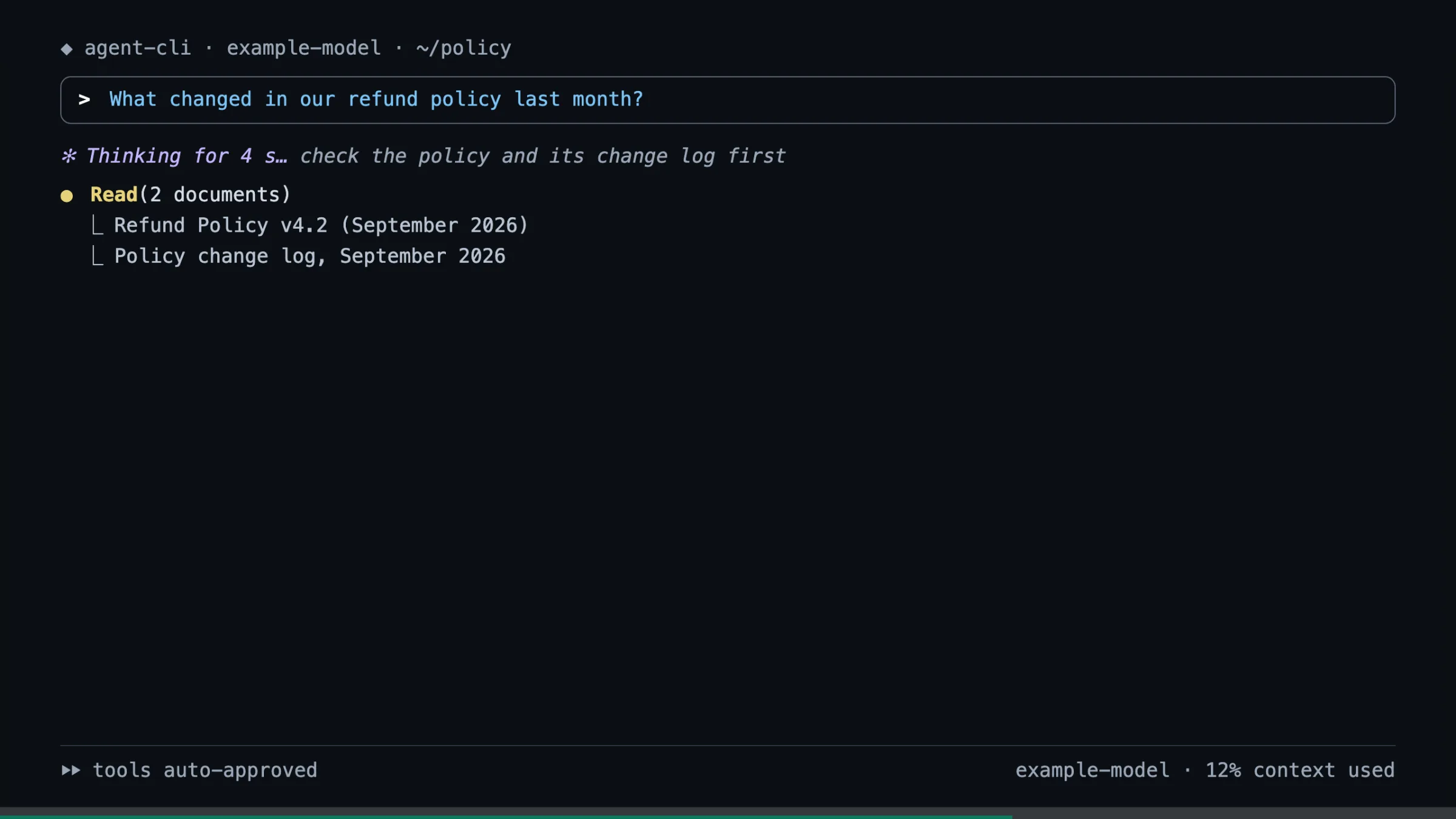 An agent terminal slide from the demo talk AI chat and terminal slides, part-way through its steps: the question, a thinking line and a Read step with two documents.