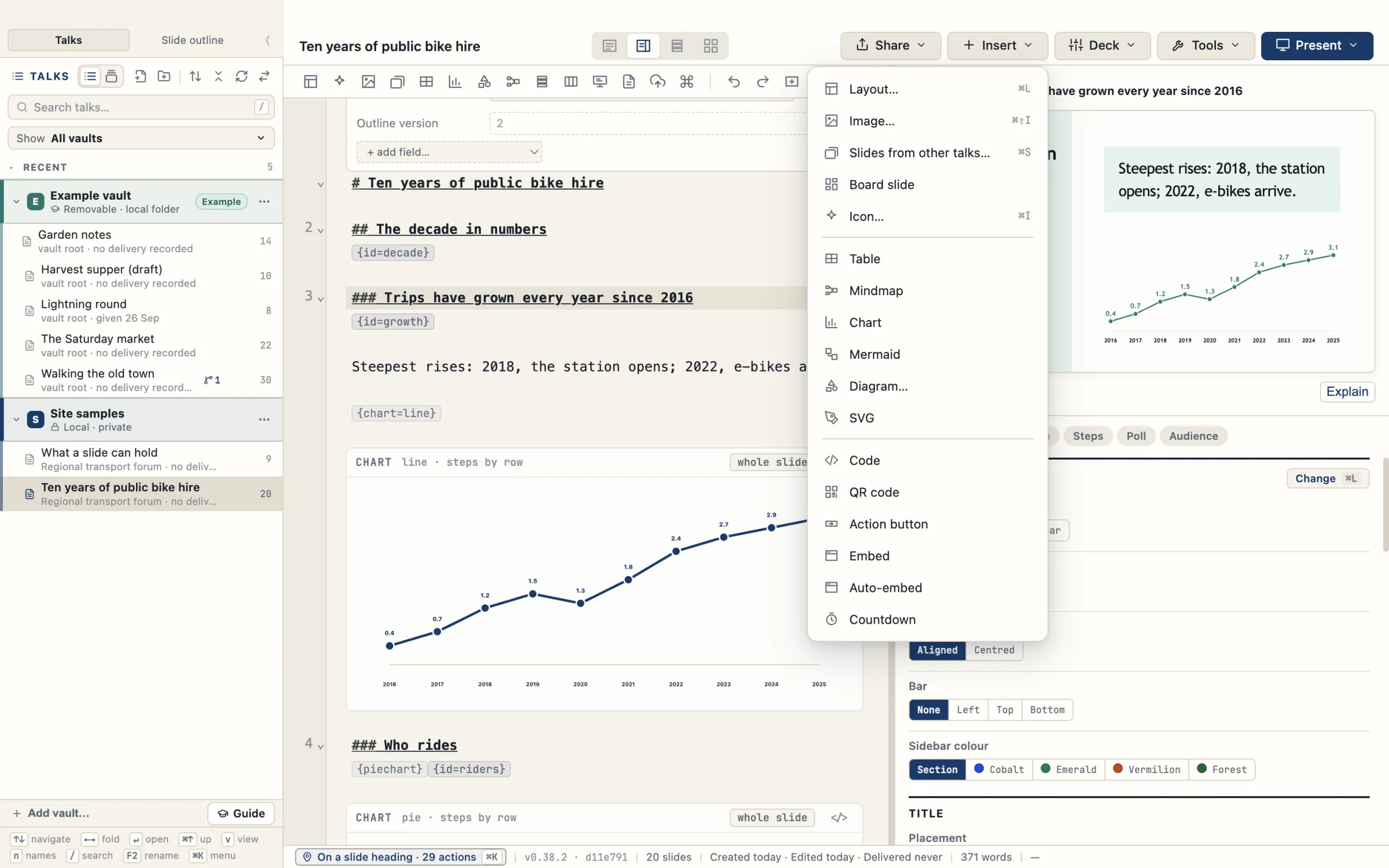 The Insert menu open in the TalkWeaver editor, listing Layout, Image, Slides from other talks, Board slide, Icon, Table, Mindmap, Chart, Mermaid, Diagram, SVG, Code, QR code, Action button, Embed, Auto-embed and Countdown.