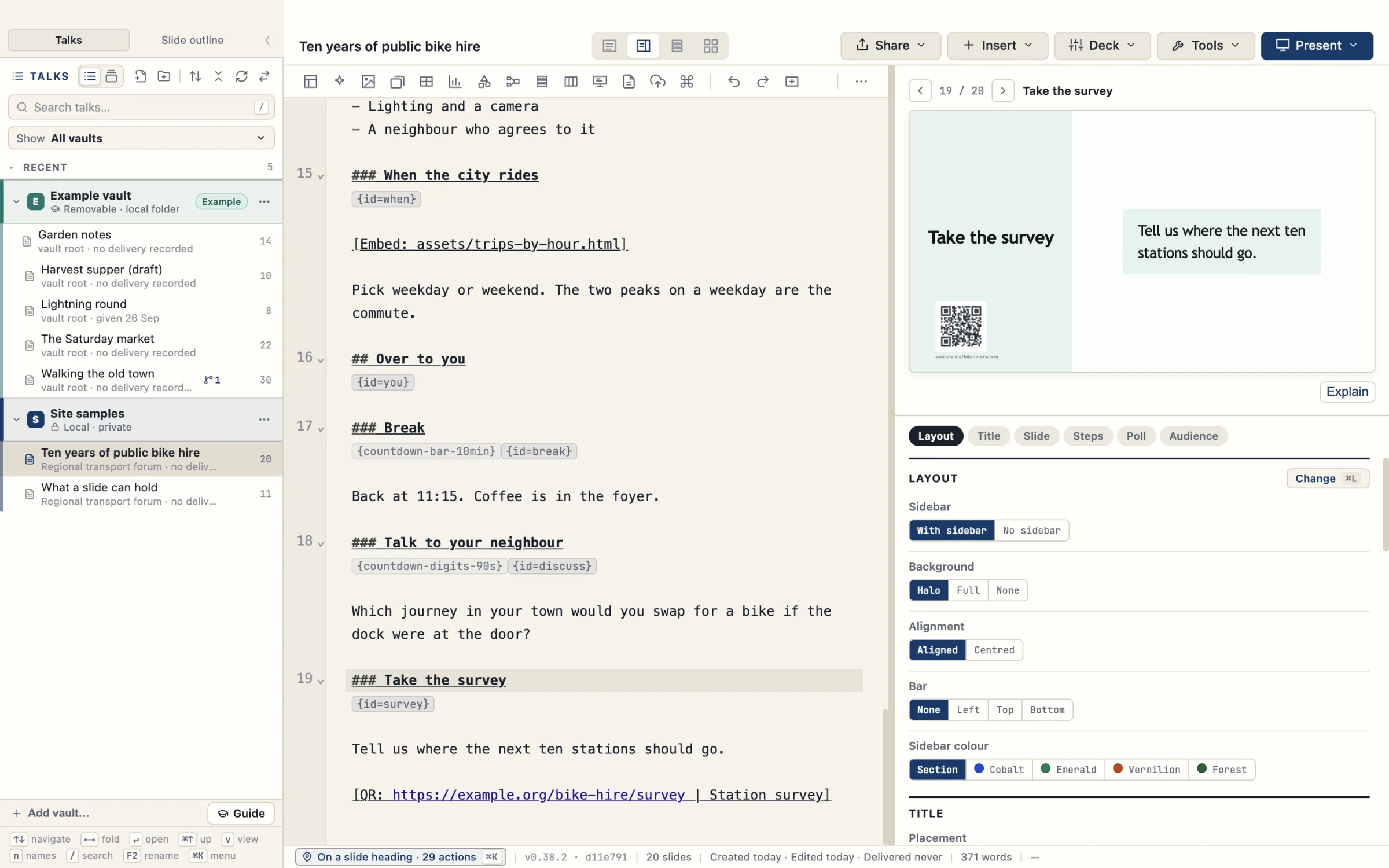 The TalkWeaver editor with the sample talk Ten years of public bike hire on its survey slide: the outline ends with a line starting QR and the slide preview shows a QR code in its bottom-left corner with a short address under it.