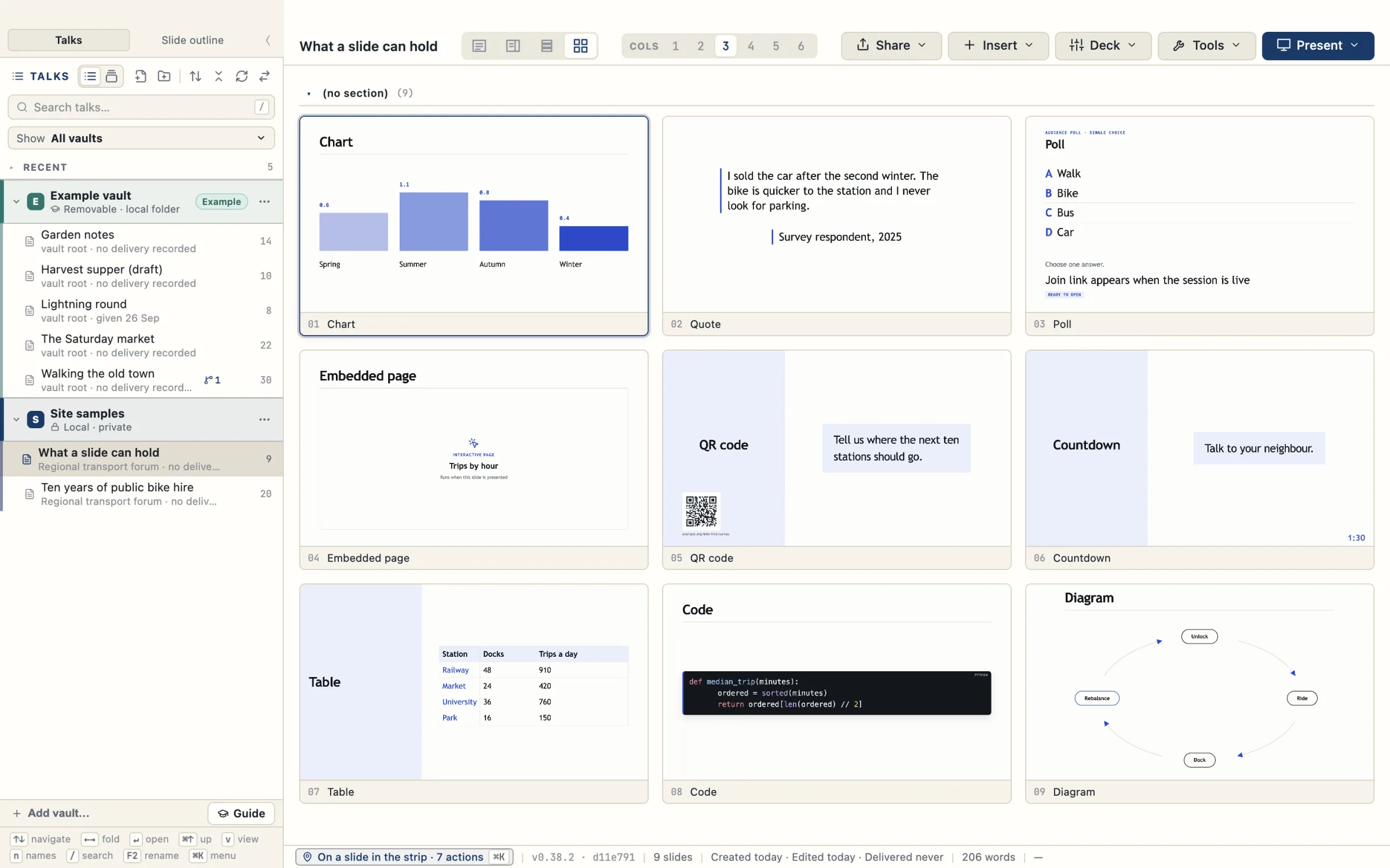 The slide grid of a sample talk with nine slides, one object on each: a bar chart, a quotation, a poll with four options, an embedded page, a QR code, a countdown, a table, a code block and a cycle diagram.