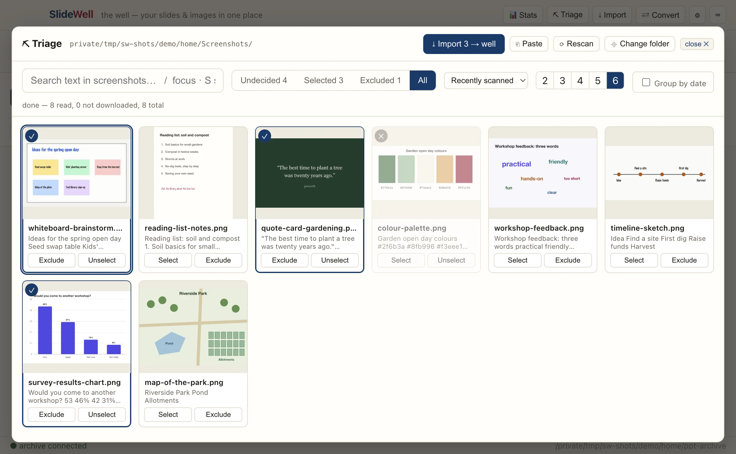 The Triage window in SlideWell over a demo screenshots folder: eight screenshots in a grid, three selected, one excluded, with the text read from each and an Import 3 to well button.