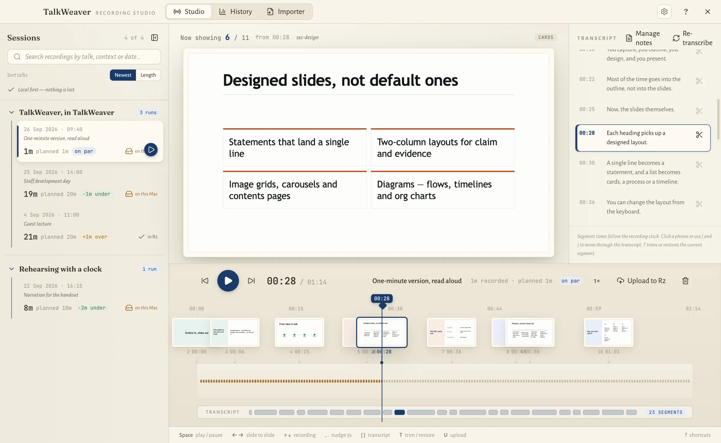 TalkWeaver Studio with a demo recording: a list of recordings on the left, the slide that was on screen in the middle, the transcript on the right and a timeline of slides along the bottom.