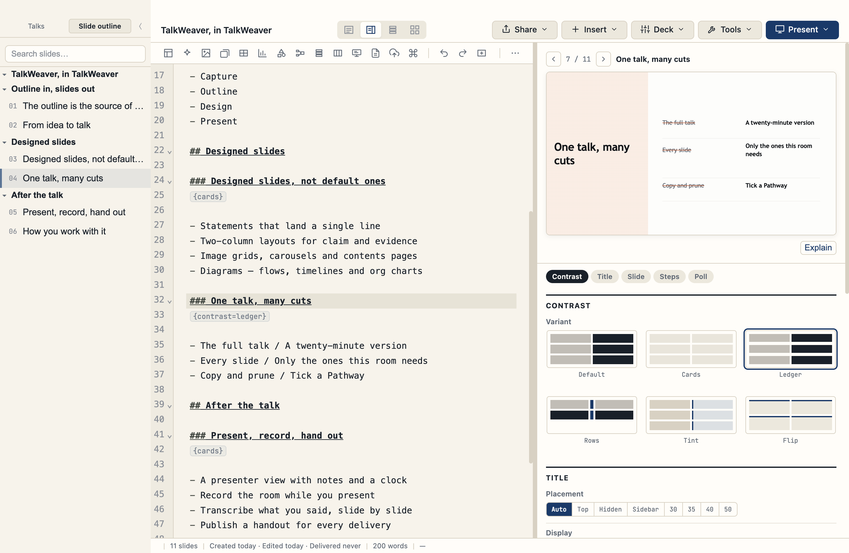 TalkWeaver: the slide outline on the left, the Markdown outline in the middle under the action bar, and the Inspector on the right showing the current slide with its Contrast, Title, Slide, Steps and Poll sections.